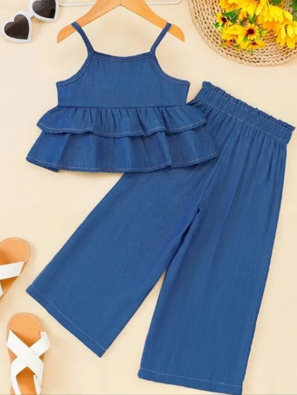 Girls Blue Two-Piece Ruffle Tank and Wide-Leg Pants Set